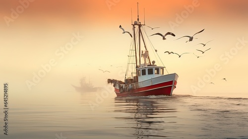 Fishing boat ventures into the mist-covered expanse of a lake at dawn, oar, river, sea, fisherman, water, ship, fishing, boat, lake, motor, boat. Generated by AI.