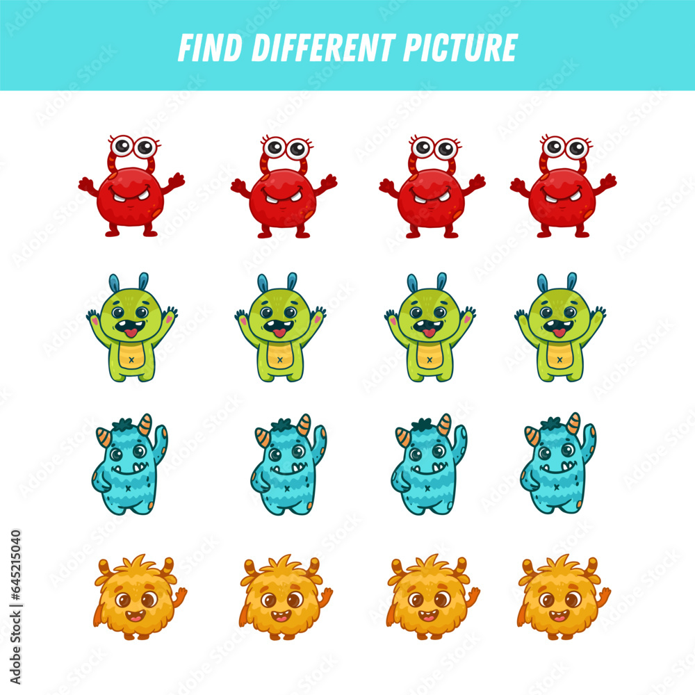 Obraz premium Find different monsters each row. Logical game for kids. Cartoon monster. Vector
