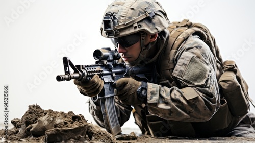 GOVERNMENT SOLDIER IN BATTLE, RIFLE READY FOR COMBAT