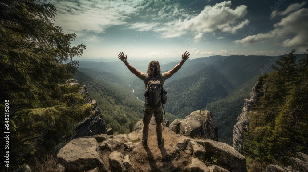 A PERSON STANDS ALONE AMIDST A MOUNTAINOUS LANDSCAPE, ARMS RAISED IN NATURE'S EMBRACE.