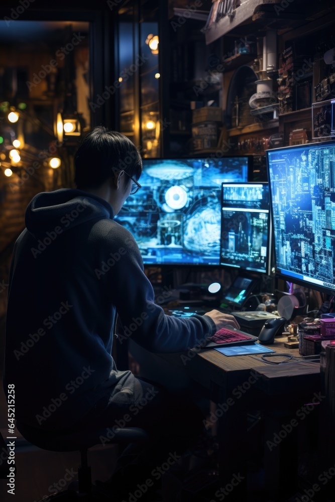 man working on computer , night time, AI Generated
