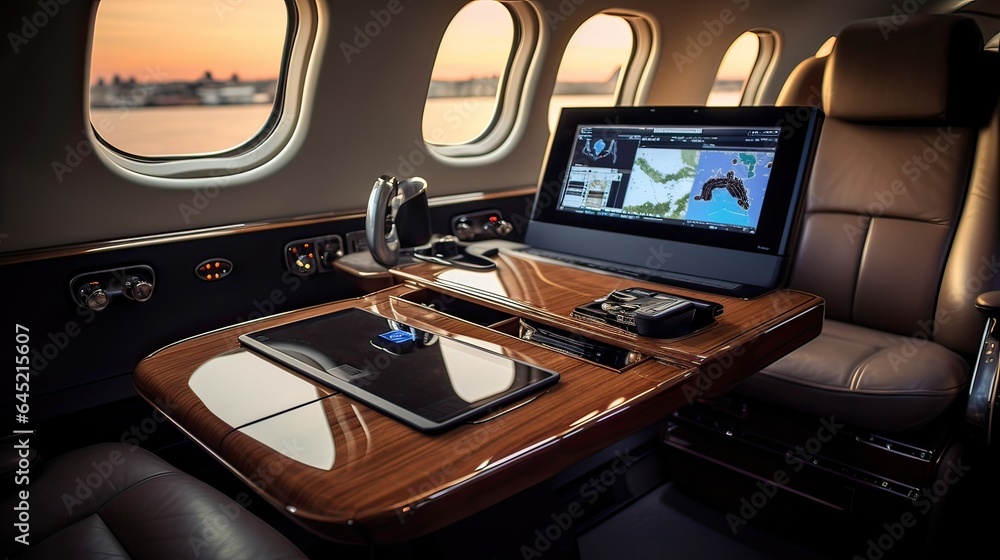 GPS navigation in a private jet ensures seamless journeys for executives. Integrated with real-time air traffic updates and optimized routing. Generated by AI. - obrazy, fototapety, plakaty 