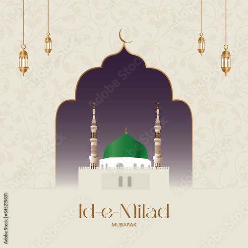 Eid al Fitr islamic design with golden color, black mosque on black background. vector illustration for holy month ramadan celebration.