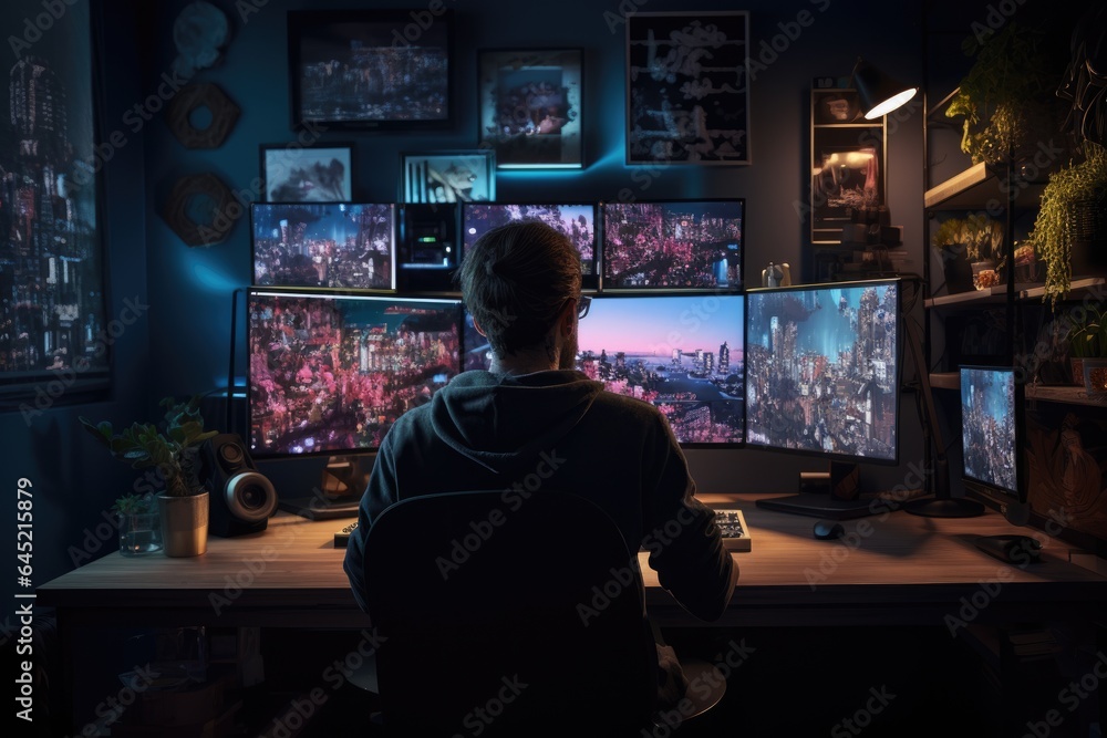 man working on computer , night time, AI Generated man working on computer , night time, AI Generated