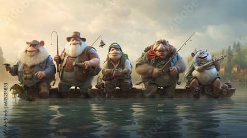 Group of enthusiastic anglers embark on a friendly fishing competition. The atmosphere is relaxed, with playful competitiveness. Generated by AI.