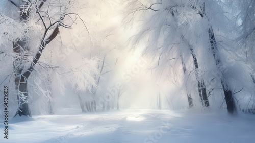 As the sun rises on a winter morning, a light and feathery snowfall adds a touch of enchantment to the landscape, creating a scene straight out of a winter fairy tale. Generated by AI. © Кирилл Макаров