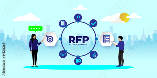 RFP, request for proposal concept With icons. Cartoon Vector People Illustration