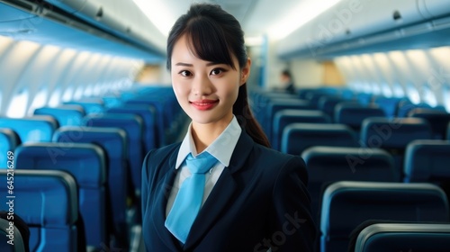 Asian woman flight attendant, Female airline stewardess at Airplane.