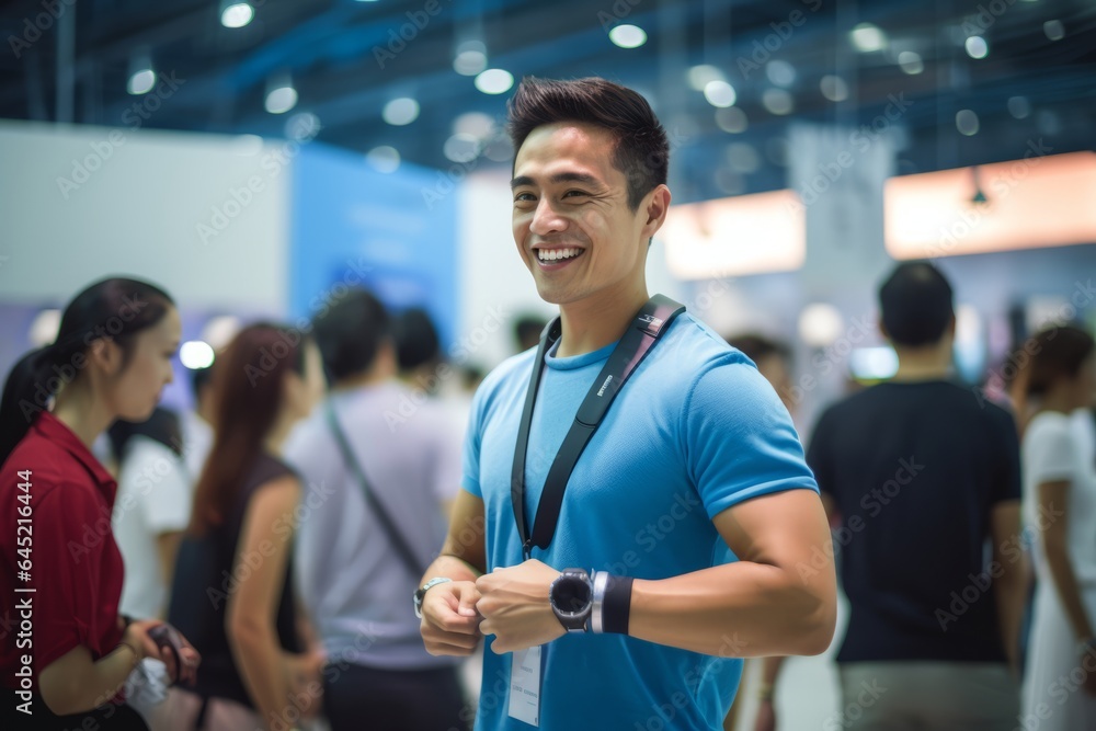 Portrait of handsome asian man using smart watch in expo - obrazy, fototapety, plakaty 