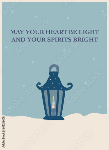 winter greeting card with a Christmas lantern in blue tones with wishes