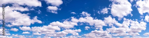Panorama of blue sky with fluffy white clouds, amazing sky background, poster. Panoramic view of cloudscape, atmospheric daytime backdrop, wallpaper. Design style banner concept. Copy ad text space © Alex Vog