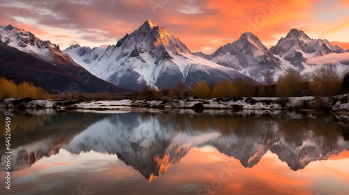 Panoramic view of snowy mountains at sunset with reflection in water