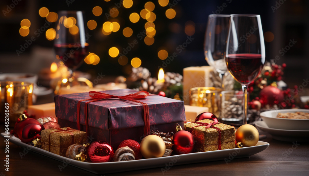 Christmas table setting with glass of wine, gift boxes and christmas decorations