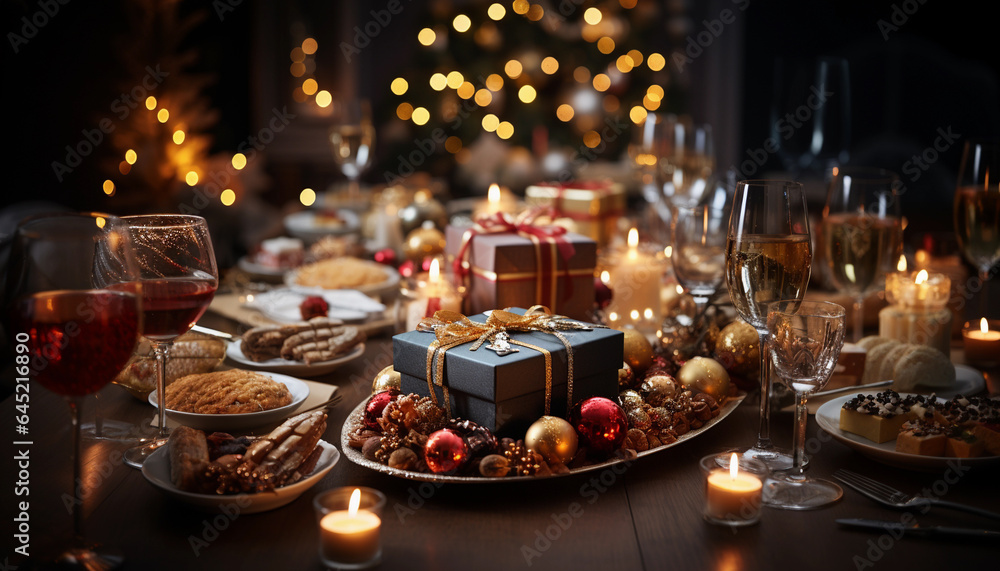 Christmas table setting with candles and gift boxes. New Year's Eve