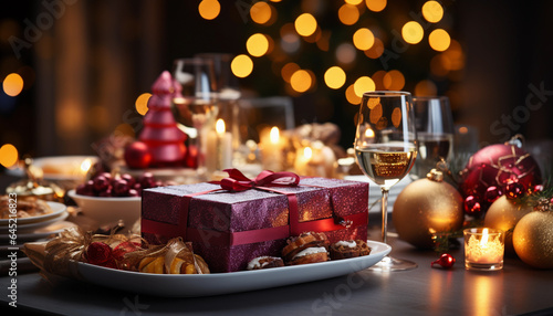 Table setting for Christmas dinner with gift box and glasses of white wine