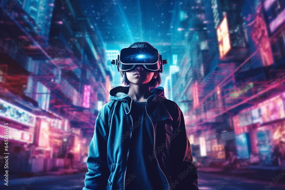 Teenager wearing virtual reality glasses in the city. Technology and entertainment concept. Teenager wearing virtual reality glasses in the city. Technology and entertainment concept.