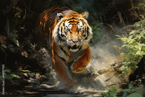 Bengal Tiger hiding or lurking in the forest hunting for preys  animals wildlife concept  Animal in the jungle  dangerous time.