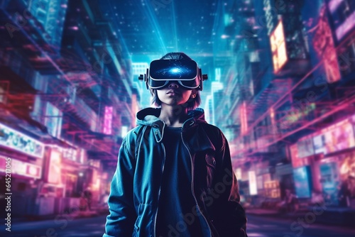 Teenager wearing virtual reality glasses in the city. Technology and entertainment concept. © Viewvie