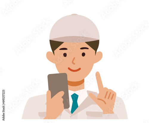 Man wearing factory worker uniform. Factory worker Man cartoon character. People face profiles avatars and icons. Close up image of man using smartphone.