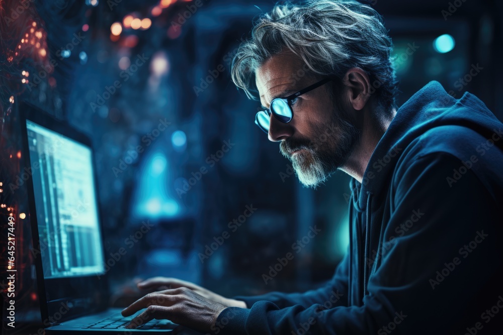 Man working on laptop in the cafe with stylish interior , AI Generated Man working on laptop in the cafe with stylish interior , AI Generated