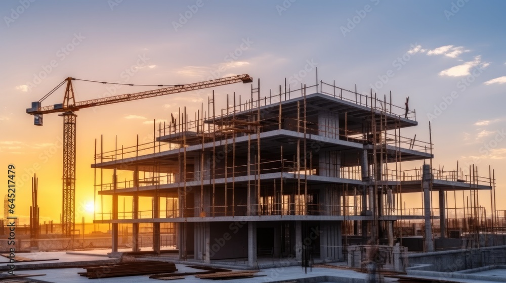 Buildings under construction and cranes at sunset.