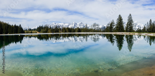 wonderful landscape with snowy mountain range and a lake with reflections panorama © thomaseder