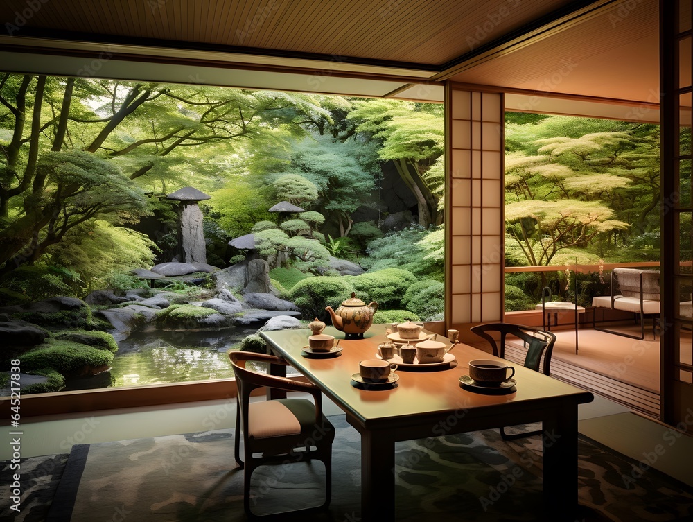 Panorama of Japanese garden and chinese style dining room in Japan