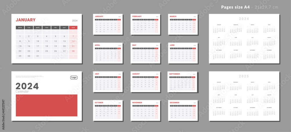Set of Monthly pages Calendar Planner Templates 2024-2025 with note for wall or desk with Cover and place for Photo, Logo in grey and red color. Pages for size A4 in vector with week start Monday. Set of Monthly pages Calendar Planner Templates 2024-2025 with note for wall or desk with Cover and place for Photo, Logo in grey and red color. Pages for size A4 in vector with week start Monday.