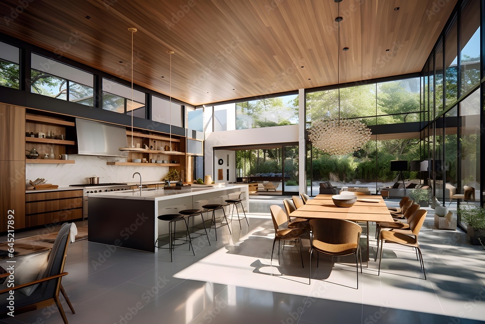 Panoramic view of modern kitchen and dining room with wooden floor