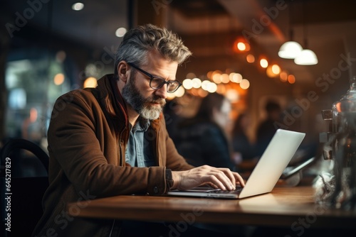 Man working on laptop in the cafe with stylish interior , AI Generated