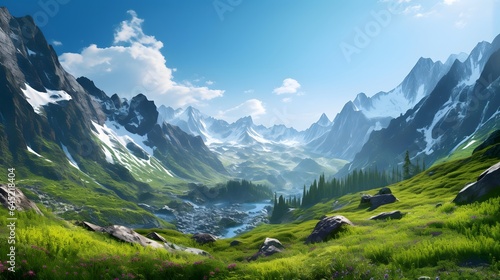 Panoramic view of the mountains in the summer. Mountain landscape