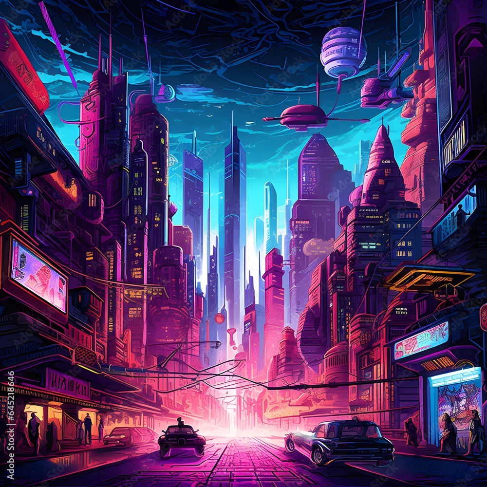 Digital painting of a night city with neon lights and cars, illustration