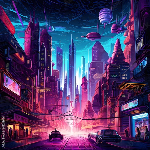 Digital painting of a night city with neon lights and cars  illustration