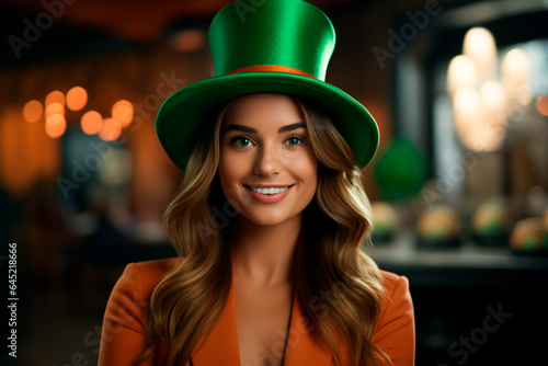 A woman in a green suit and hat for St. Patrick's Day