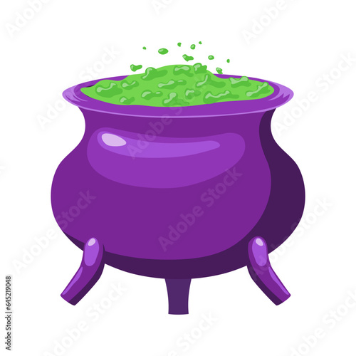 A purple cauldron with green liquid in it. Halloween design element. Isolated  witch pot graphic template. Vector illustration.