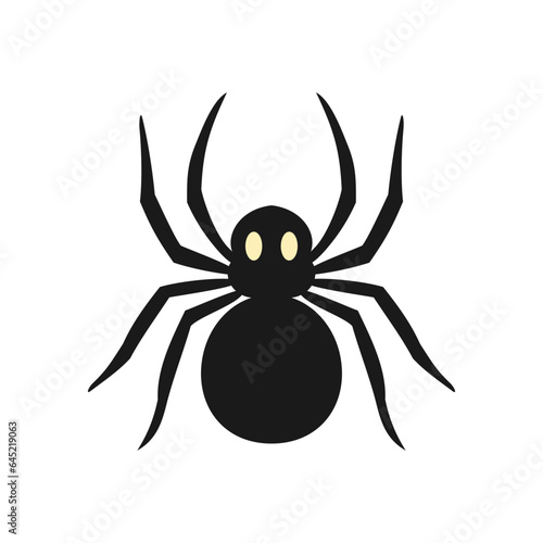 A black spider with yellow eyes on a white background. Spider silhouette. Insect flat design. Vector isolated illustration.  © Mallva