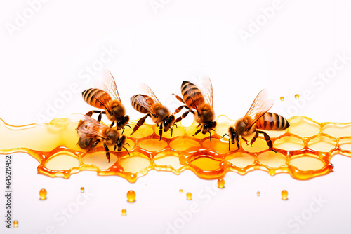 Bees on honeycomb on white isolated background. Homemade honey and bees