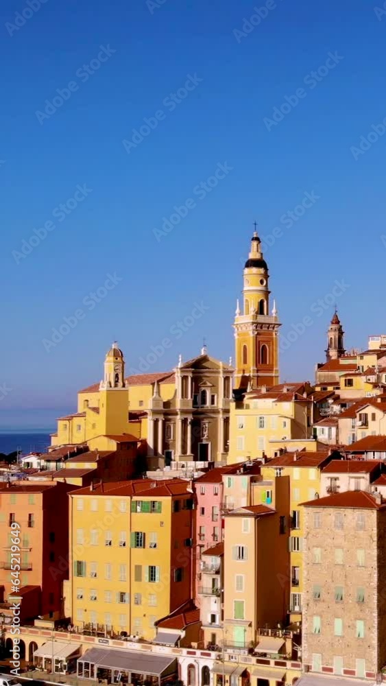 Old town Menton on French Riviera, France. Drone aerial view over Menton Provence Cote d Azur during sunset Old town Menton on French Riviera, France. Drone aerial view over Menton Provence Cote d Azur during sunset