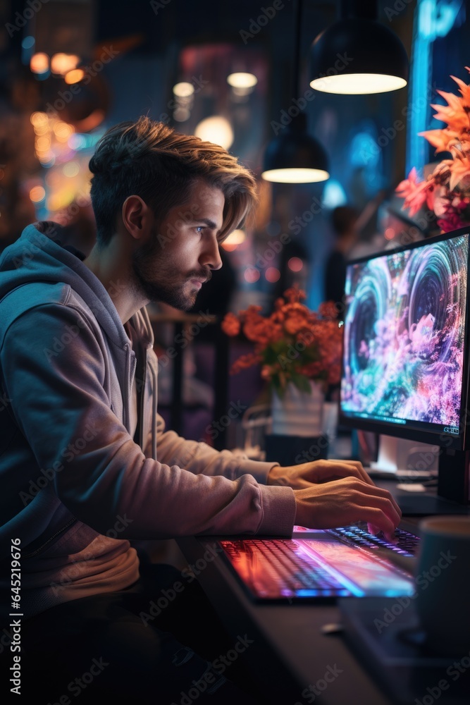 man designer working on computer , night time, AI Generated