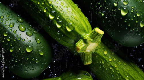 Freshgreen zucchini or courgettes with water drops background. Vegetables backdrop. Generative AI