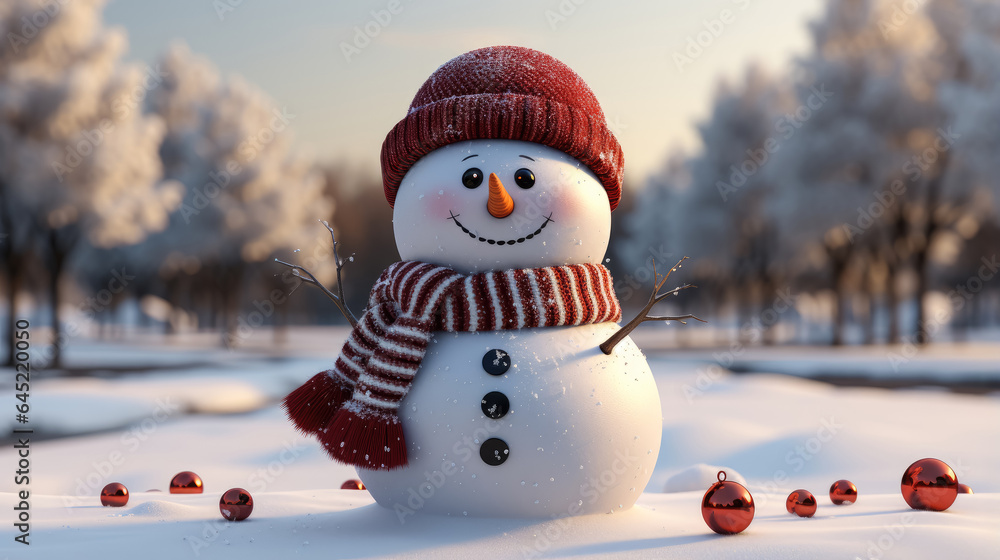 Fototapeta premium Merry christmas and happy new year , Snowman standing in winter christmas landscape with copy-space , Created with Generative Ai Technology
