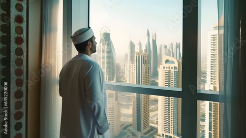 Arabic business man looking out through the office balcony seen through glass window. generative ai.