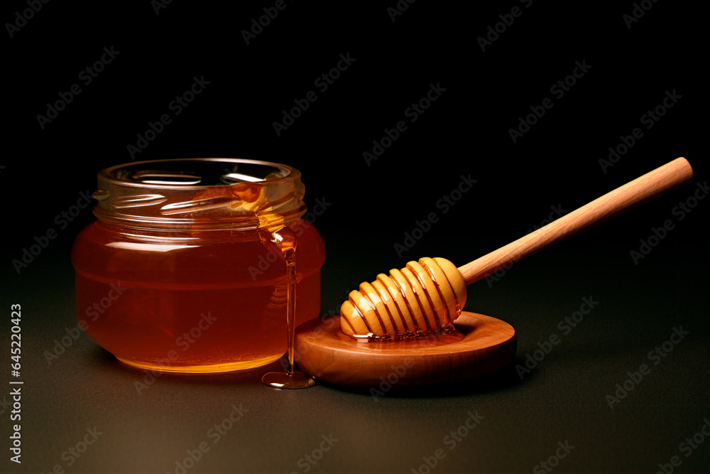 Jars with honey, honeycombs and spoon for honey Jars with honey, honeycombs and spoon for honey