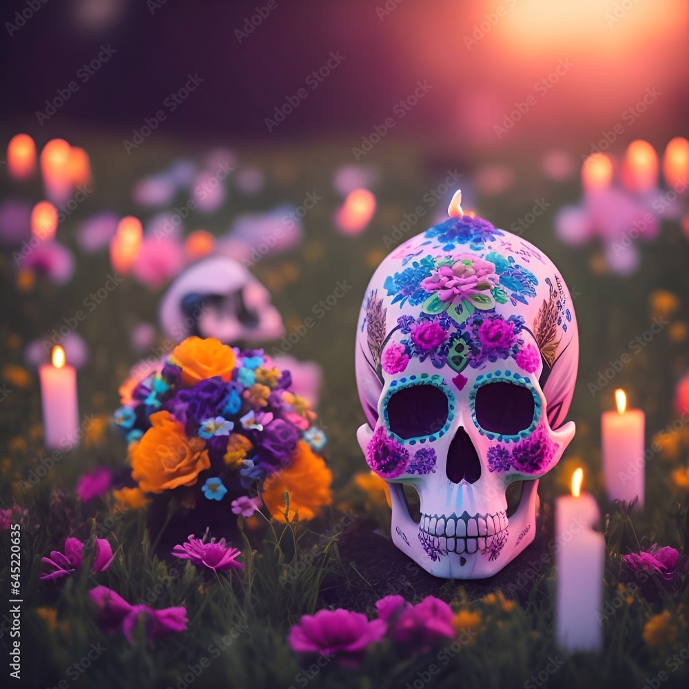 Day of the Dead soft pastel painted skull head candle flower altar background generative ai Cinematic day lighting art Day of the Dead soft pastel painted skull head candle flower altar background generative ai Cinematic day lighting art