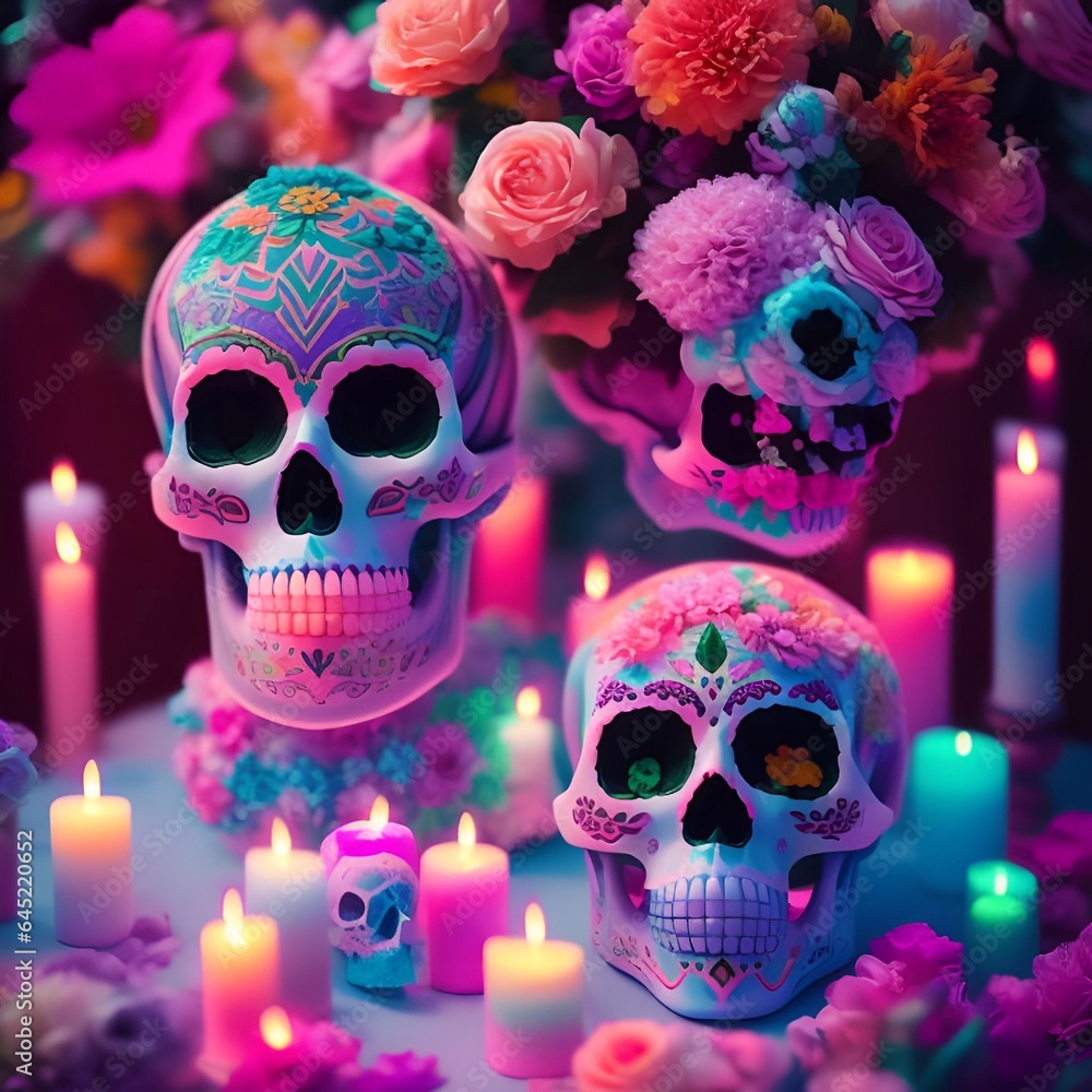 Day of the Dead soft pastel painted skull head candle flower altar background generative ai Cinematic day lighting art Day of the Dead soft pastel painted skull head candle flower altar background generative ai Cinematic day lighting art
