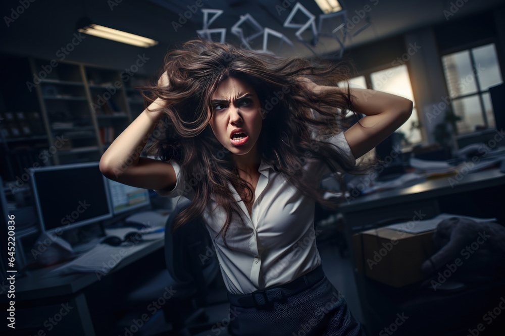 businesswomen pulling his hair with angry, middle of the night at office businesswomen pulling his hair with angry, middle of the night at office