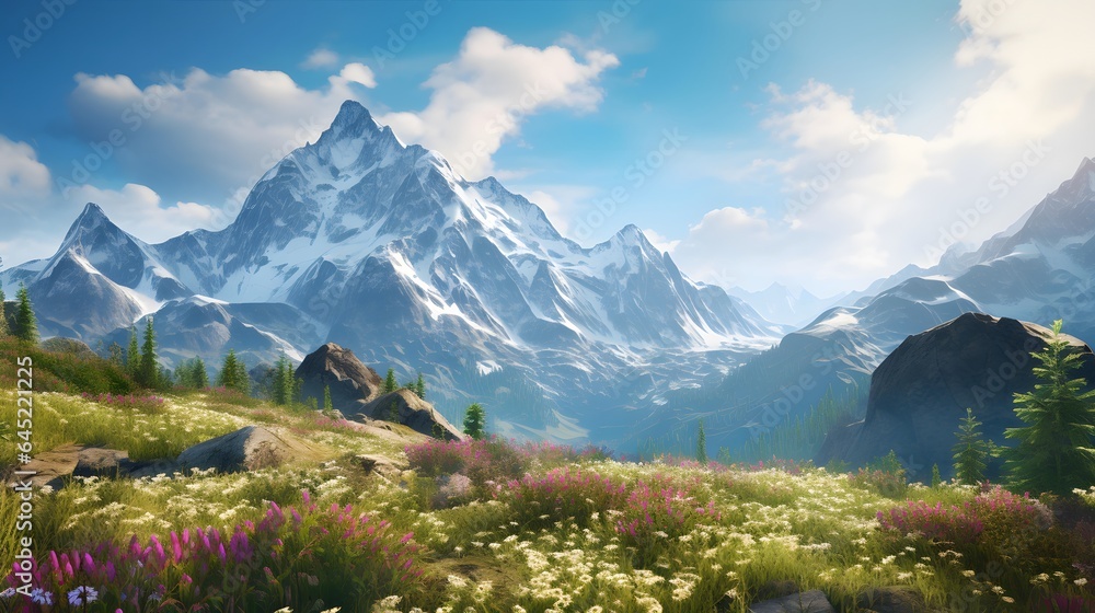 Panoramic view of snowy mountains and meadow with wildflowers