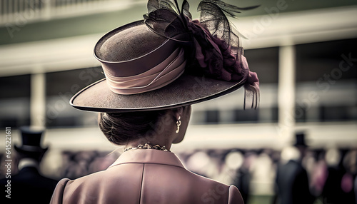  woman in beautiful hat at ascot racecourse, attending horse racing from behind. generative ai. photo