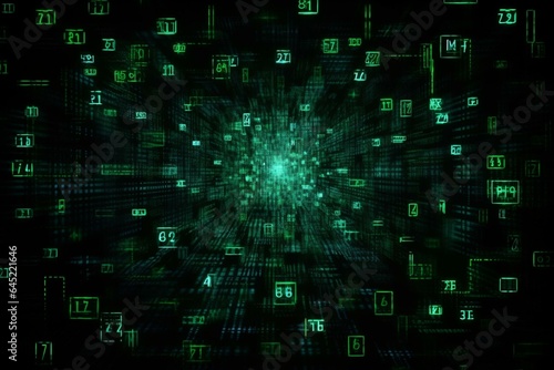 Green matrix of falling random characters, numbers and symbols on black. Concept for digital data, programming, cyberspace and hacking. Abstract full frame technology background. Generative AI