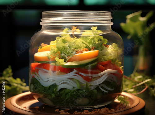 Salad in glass bottle, Healthy food.